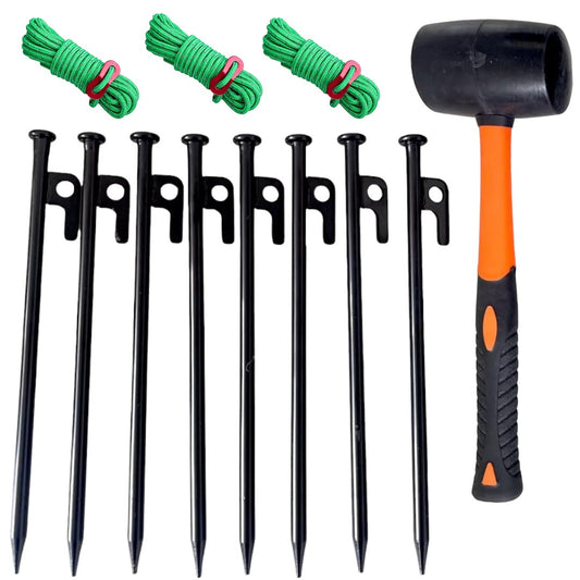 Heavy Duty 25cm Tent Pegs Set With Rope & Hammer